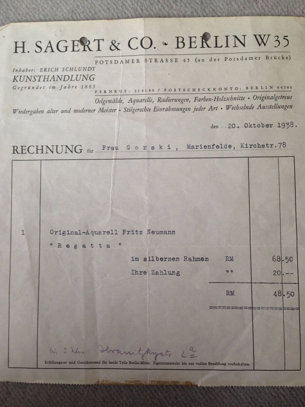 Rechnung für ein Fritz Neumann Gemälde