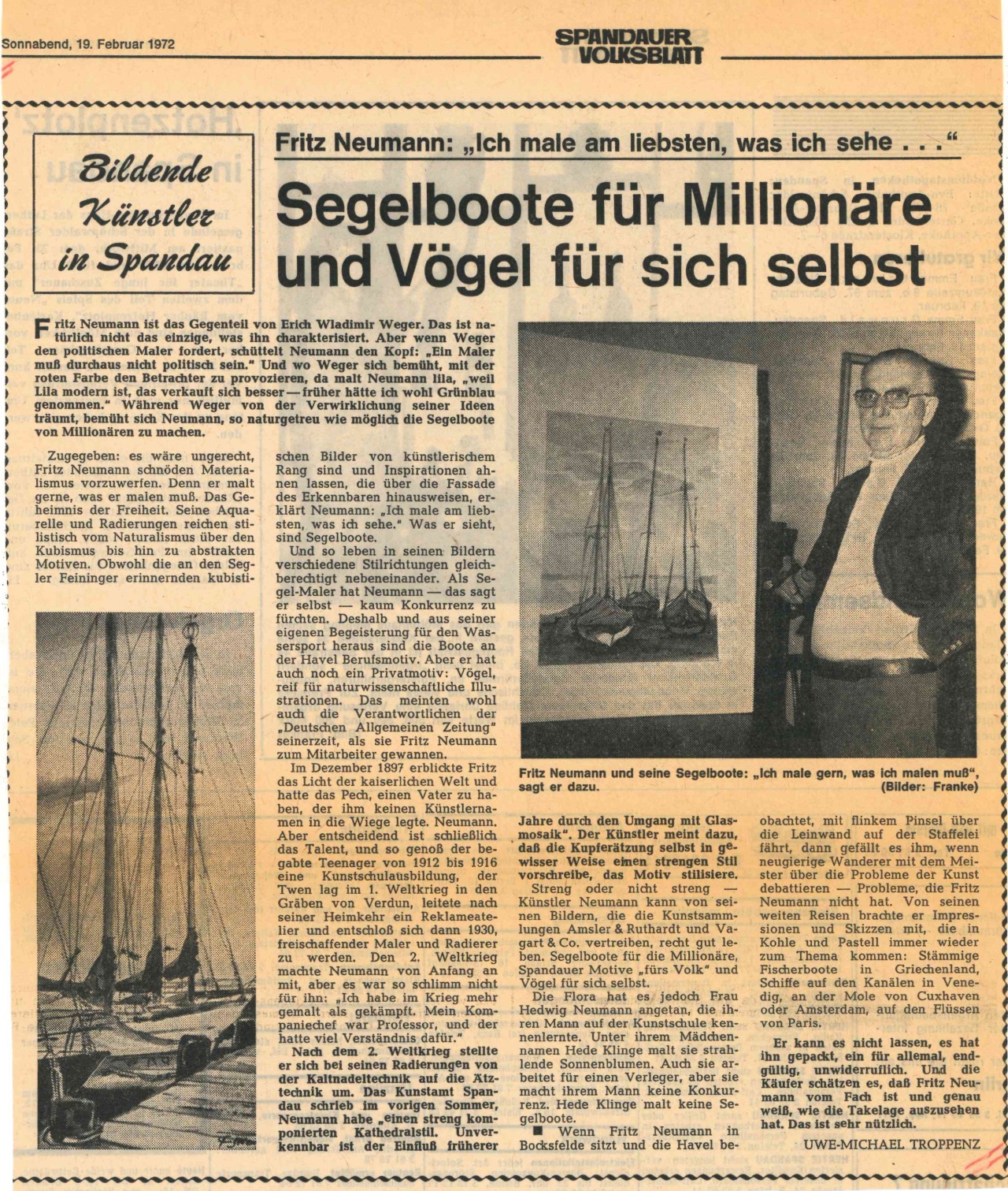 Article on Fritz Neumann in Spandauer Volksblatt 19.2.1972 - Text